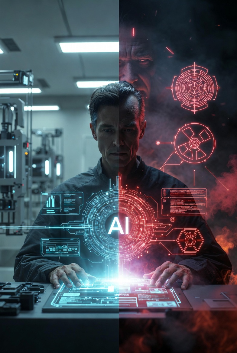 輝くAIの光を手に持つ人間と、その背後に映る巨大な影（独裁者のシルエット）が対比された概念図。