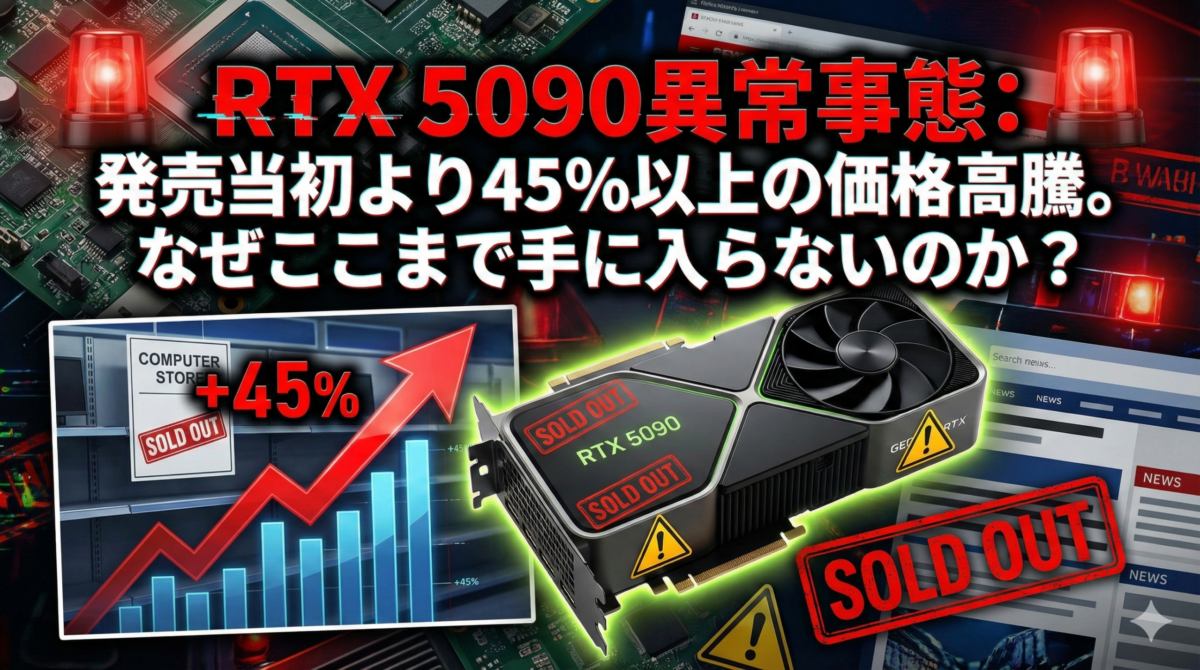 RTX 5090 グラフィックボード。値札が急上昇しているイメージ。