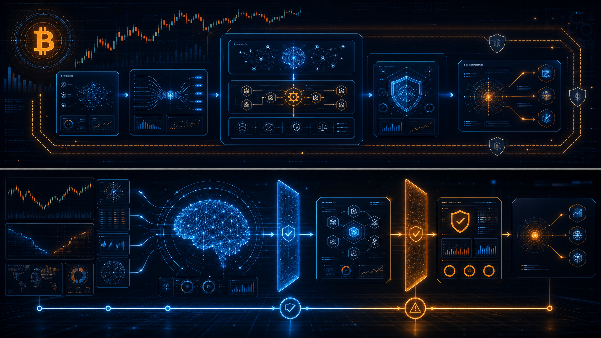 BTC自動トレーディング構築ログ第1回、AIハイブリッド型システム全体像のアイキャッチ