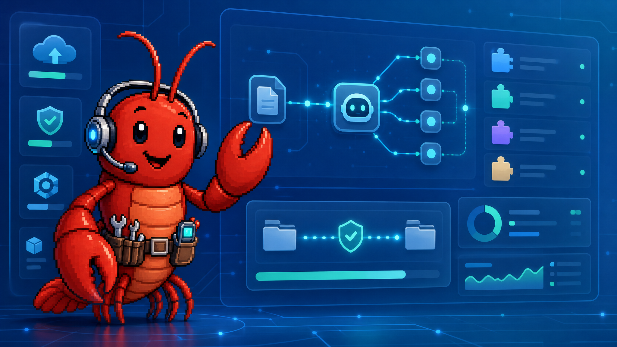 OpenClawロブスターマスコットとAIエージェント運用アップデートのイメージ