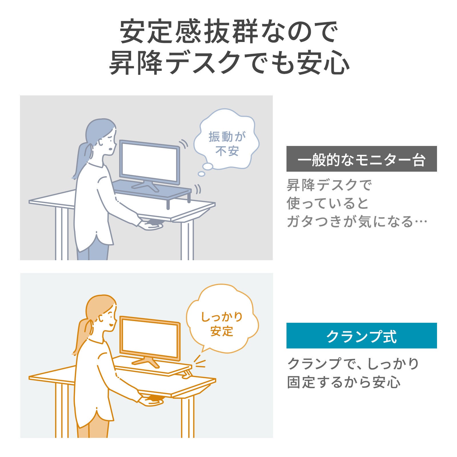 脚がなくデスクを広く使える、クランプ式モニター台を発売