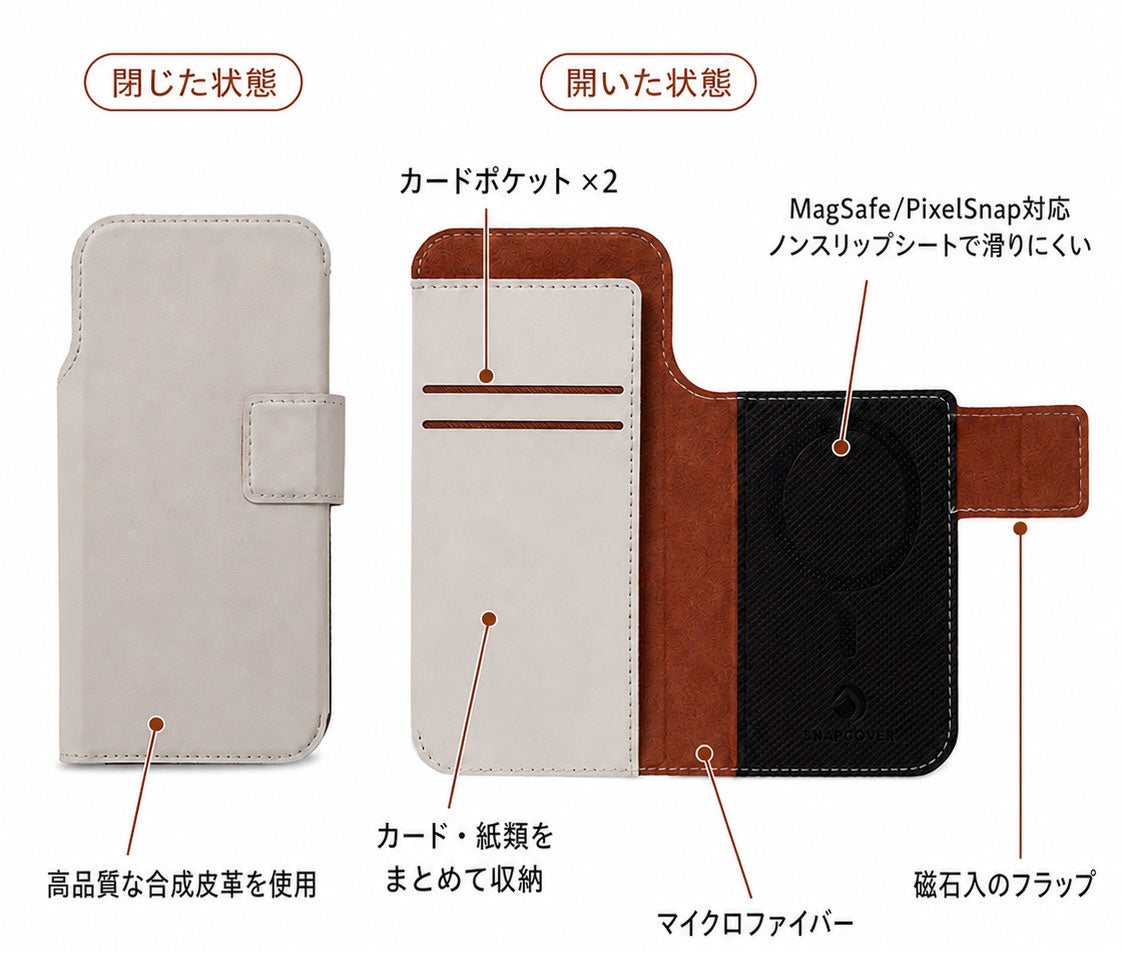 必要なときだけ、手帳型。MagSafe・Pixelsnap対応の着脱式スマートフォンカバー「SNAPCOVER2」を一般販売開始