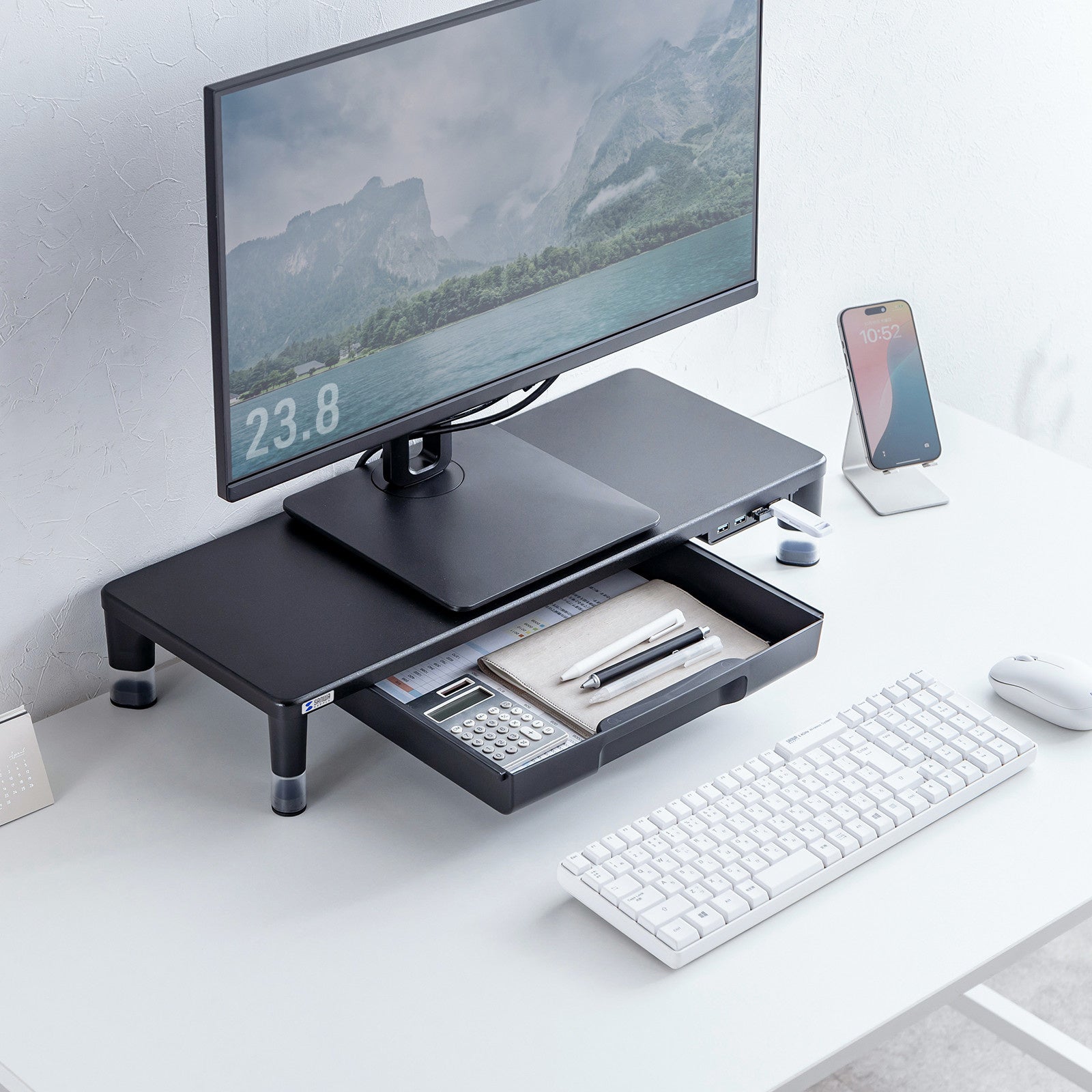 目線に合わせて高さを2段階で調整できる、USBハブ・引出し付きモニター台を発売