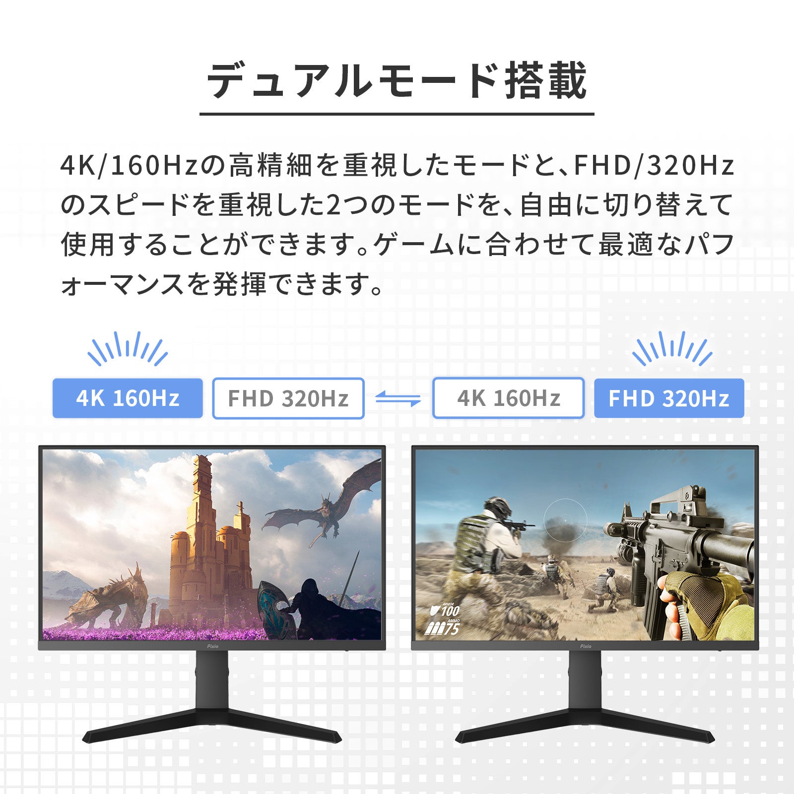 【Pixio】31.5インチ大画面 × デュアルモード。用途に合わせて4K/160HzとFHD/320Hzを切り替えるゲーミングモニター『PX32UF WAVE』新発売、全4色展開