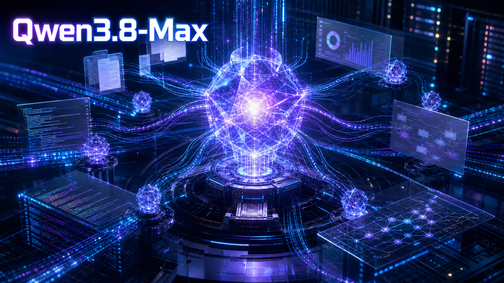 Qwen3.8-Maxの文字と巨大AIモデルを表現したイメージ