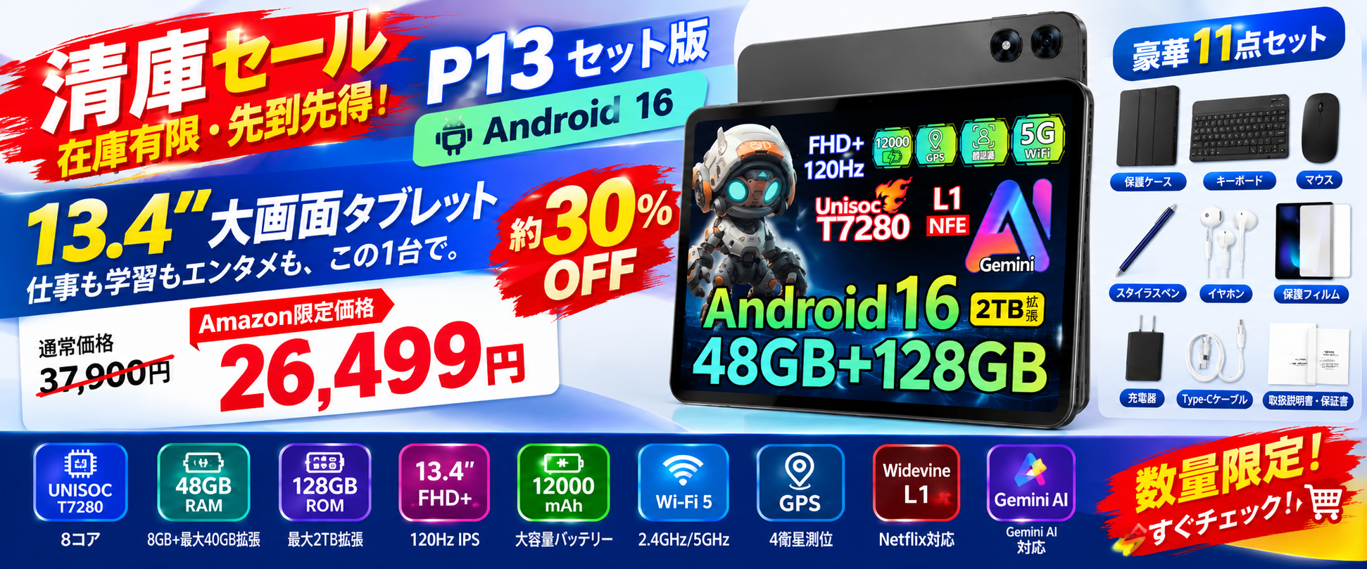 【Amazon限定・7日間約30％OFF】Android 16搭載「P13 セット版」が26,499円！13.4インチ・120Hz・48GB RAM対応の大画面タブレット のアイキャッチ画像