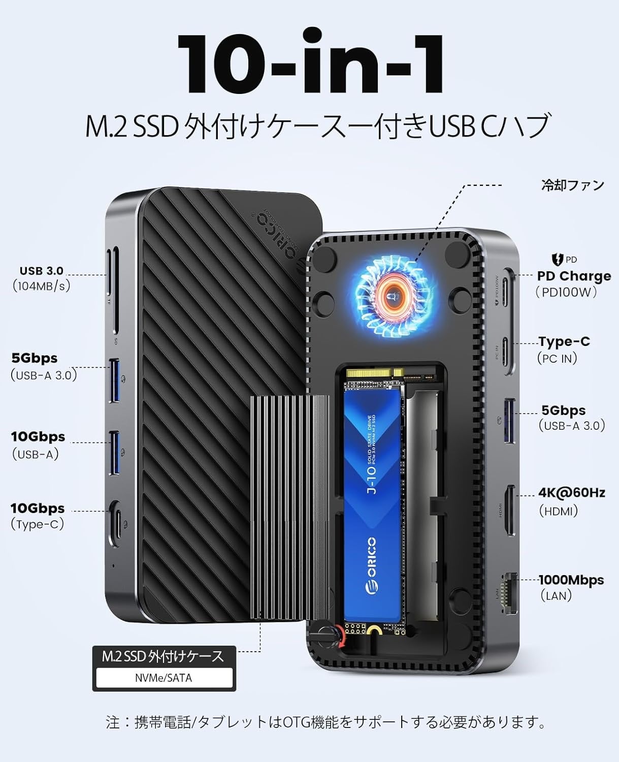 ORICO、10-in-1 M.2 SSDドックを発表。最大8TB拡張・10Gbps転送・4K@60Hz・SD/TF同時読取・ギガビットLAN・PD100W充電を1台に集約したマルチ拡張ハブ。 コピー