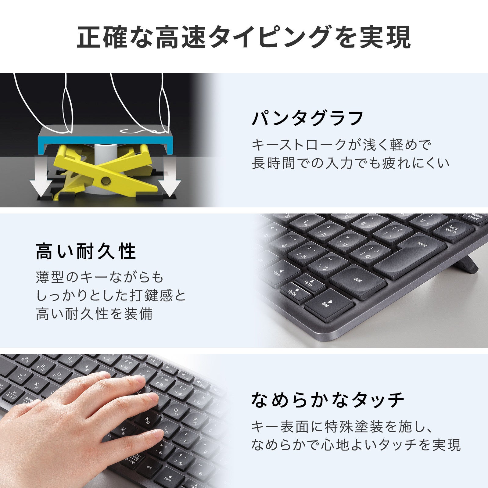 指先にフィットする凹みキーで正確なタイピングをサポート、Bluetooth+2.4G対応キーボードを発売